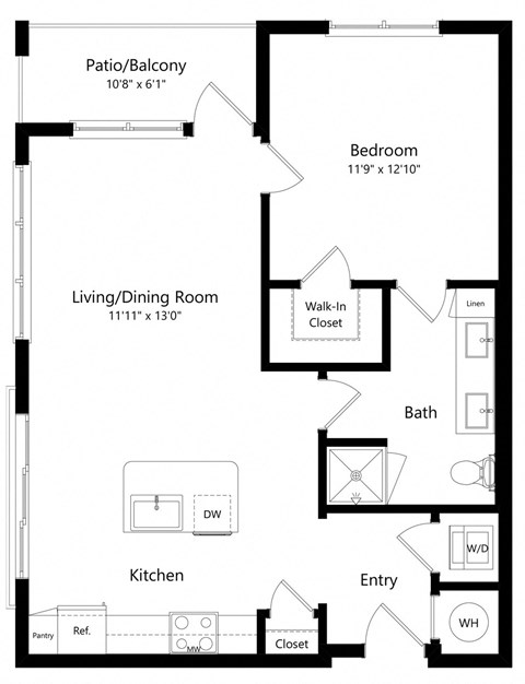 Floor plan for 1 bed, 1 bath, 830 sqft